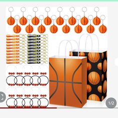 an orange and black basketball themed birthday party with lots of balloons, paper bags, and decorations