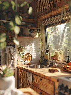 a kitchen area with sink, stove and window in the backround next to potted plants