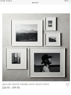 black and white photographs hang on the wall above a man's head, with mountains in the background