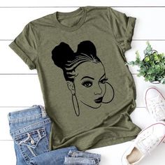 Olive Green And Black. Tee Can Be Worn Out Or Knotted. Polyester And Cotton. Loose Tshirt, African Girl, Ladies Tee Shirts, Silhouette Art, Girls Prints, T Shirt Women, Neck Pattern, Summer Tshirts, Green Fashion