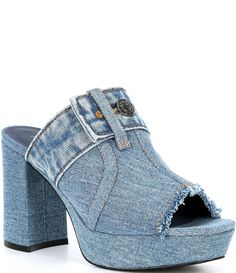 From Jeffrey Campbell, the Magda Denim Platform Sandals feature: Denim upper Slip-on closure Fabric lining Synthetic sole Approx. 4" heel height Approx. 1.5" platform height Imported. Sandals Socks, Jean Boots, Thrift Wishlist, Chunky Platform Sandals, Denim Sandals, Broken Hearted, Funky Shoes, Socks Shoes, Sandal Platform