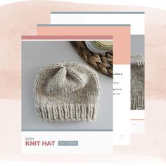 a knitted hat with a bow on the front and side, sitting next to a wicker basket