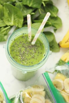 a green smoothie with bananas and chia seeds