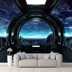 a living room with a couch and large window in the wall that looks like an alien spaceship