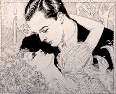 a drawing of a man and woman kissing