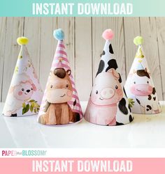 three party hats with animals on them and the words instant printable birthday hat for kids