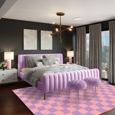 a bedroom with a purple bed and two chairs in front of a large window overlooking the city