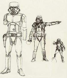 Some early Stormtrooper concept art by Ralph McQuarrie. Star Wars (1977). Stormtrooper Concept Art, Conceptual Drawing, Star Wars Character, Star Wars Books, Star Wars 1977, Star Wars Drawings