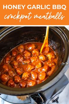 the crockpot meatballs are being cooked in an electric pressure cooker with text overlay that reads honey garlic bbq crockpot meatballs