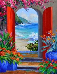 a painting of an open doorway with flowers in the foreground and ocean in the background