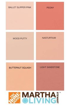 the color swatches for martha's living room are peachs, pinks and browns