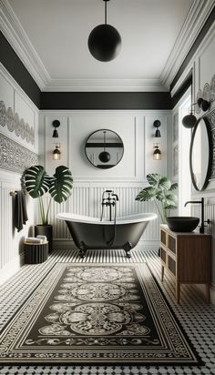 an elegant bathroom with black and white decor, rugs, potted plants and round mirrors on the wall