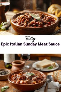 Two clay bowls filled with steaming Epic Italian Sunday Meat Sauce garnished with fresh basil leaves, served alongside crusty bread, grated Parmesan, and red wine. The rich, chunky tomato sauce is packed with tender braised meat pieces and appears to be simmering hot with visible steam rising.