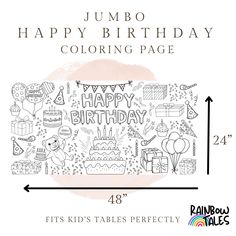 the happy birthday coloring page for kids is shown with numbers, balloons and other items