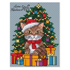 a cross stitch christmas card with a cat in front of a tree and presents on it