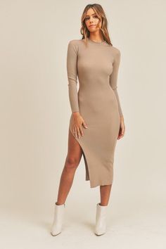 Long sleeve midi sweater dress with one side high slit. 80%VISCOSE 20%NYLON Taupe Midi Dress, Ribbed Bodycon Midi Dress, Body Con Dress Outfit, Midi Sweater Dress, Staple Dress, Bodycon Sweater, Bodycon Sweater Dress, Special Clothes, Long Bodycon Dress