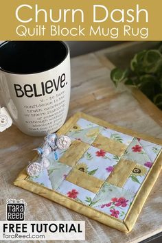 a coffee mug and candy on a table