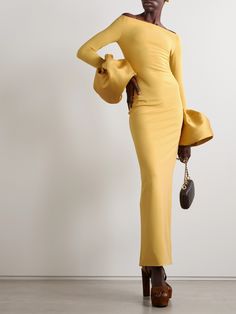 Solace London describes its designs as “bold, confident and refined" and that's exactly how this 'Talia' gown will make you feel. It's tailored for a close fit from smooth crepe and has dramatically flared faille cuffs. Complement the off-the-shoulder neckline with sparkling jewelry. Luxury Yellow Long Skirt Dress, Luxury Yellow Maxi Evening Dress, Luxury Yellow Long Sleeve Dress, Chic Yellow Off-shoulder Maxi Dress, Solace London Red Dress, Colour Blocking Fashion, Yellow Clothes, Summer Style Guide, Floral Dresses Short