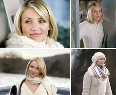 four different pictures of women in winter clothing and scarves, one woman wearing a scarf