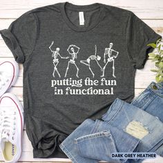 Get ready to put the "fun in functional" with our Occupational Therapist Shirt! This shirt is designed for the dedicated professionals who bring joy and progress to their patients' lives. Featuring dancing skeletons and a witty slogan, it's the perfect blend of whimsy and occupational therapy expertise. Crafted from soft, high-quality fabric, it ensures comfort throughout your busy day of helping others. Whether you're promoting mobility, independence, or simply spreading smiles, this shirt is a Occupational Therapy Shirts, Scrubs Outfit, Dancing Skeletons, Occupational Therapist, Occupational Therapy, Star Shirt, Physical Therapy, Cricut Ideas, Halloween Shirt