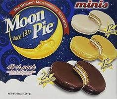 mini moon pies with chocolate frosting and gold trim, are on display in a package