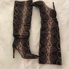 Knee High Snakeskin Boots Purchased For 200$ 4 Inch Heel Nwt Size 8 Black Snake Print Boots For Fall, Chic Brown Boots For Night Out, Brown Heeled Boots For Night Out In Fall, Fitted Brown Boots For Night Out, Tommy Hilfiger Boots, Wide Calf Riding Boots, Snakeskin Boots, Knee High Heels, Faux Suede Boots