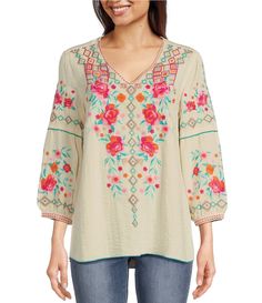 From John Mark&#x2C; this top features:Woven fabricationPeasant silhouetteV-neckline 3/4 cuffed sleeve Floral embroidered Loose fit Semi curved hemline Pullover constructionApprox.27.5" front length; 28.5" back lengthRayon/nylonMachine washImported Floral Embroidered Top, Cuffed Sleeve, Printed Tunic Tops, Embroidered Tunic, Flutter Sleeve Top, Peasant Top, Print Tunic, Peasant Tops, Fitted Skirt