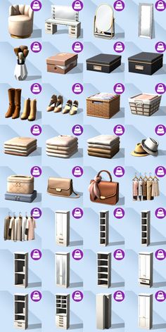 a bunch of different types of furniture and accessories on a blue background with purple circles around them