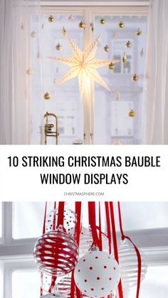 christmas bauble window display with red and white ribbons hanging from the windowsill