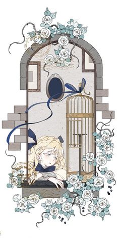 a drawing of a bird in a cage with flowers around it and an open door