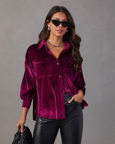 It feels like magic the way this top goes with everything. The Magical Wonder Velvet Button Down Top is made from a rich, velvet fabric that's thick but not too heavy. It's complete with bust pockets, drop shoulders and front button closures. Wear it to switch up your everyday, office look or take it to your next happy hour with edgy, faux leather bottoms. Relaxed fit Collared neckline Front button closures Bust pockets Velvet fabrication 95% Polyester 5% Spandex Runs Large Shirt Collar Styles, Velvet Sleeve, Velvet Shirt, Velvet Top, Style Upgrade, Backless Maxi Dresses, Long Sleeve Knit Tops, Shirt Collar, Long Sleeve Casual