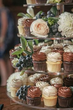 a three tiered cake with cupcakes and flowers on it