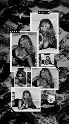 black and white photo collage with multiple photos in the middle, including an image of a woman's face