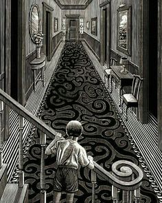 a black and white drawing of a person walking down a hallway