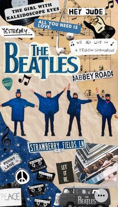 the beatles collage with music notes and pictures on it's side, including an image of two men in blue jackets