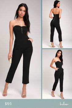 See and be seen at all the hottest sights in the Lulus Paint the Town Black Strapless Jumpsuit! Sleek and stretchy crepe knit covers a sexy, princess-seamed sweetheart bodice (with no-slip straps and supportive hidden boning) and a high, banded waist. Diagonal front pockets top off the skinny pant legs, perfect for pairing with your favorite pumps. Exposed silver zipper and hidden clasp closure at back. Fit: This garment fits true to size. Length: Ankle length. Size medium measures 46.5" from to Verano Aesthetic, Outfits Juveniles, Black Strapless Jumpsuit, Retro Outfit, Vintage Revival, Outfits Hombre, Aesthetic Outfit Ideas, Outfit Mujer, Knit Jumpsuit