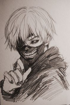 a drawing of a person with a smile on their face and hand near his mouth