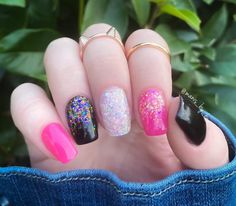 Black Glitter And Pink Nails, Sparkly Birthday Nails Short, Bright Glitter Nails, Colorful Glitter Nails, Sassy Nails, Square Nail Designs, Nail Designs Valentines, Simple Acrylic Nails, Simple Nail Art Designs