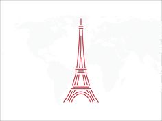 the eiffel tower in red on a white background with a world map behind it