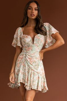 Leona V-Bust Frill Mini Dress Floral Peach by Selfie Leslie Peach Floral Dress, Frill Mini Dress, Mini Dress Floral, Angel Sleeves, Grad Dresses, Clothing Tags, Iron Material, Date Night Dresses, Dress Floral