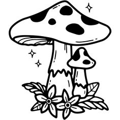 a black and white image of a mushroom with stars on it's head, surrounded by flowers