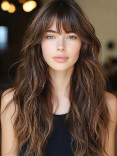 Discover Stunning Long Layered Hair with Bangs Ideas: Transform Your Look with These Trendy Styles Bangs With Very Long Hair, Brown Hair With Bangs And Highlights, Long Layered Hair With Bangs Round Face, Bangs With Long Wavy Hair, Long Layered Hair With Curtain Bangs Round Face Haircuts, Long Length Haircut With Bangs, Zenske Frizure, Long Layered Hair With Fringe, Long Wolf Cut With Bangs