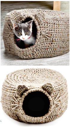 a cat in a crocheted bed made out of yarn