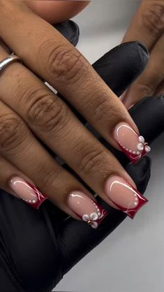 Simple Nails Ideas Square, Cute Nails Elegant, Short Classy Nail Ideas, Simple Red Design Nails, Dark Red Nails With White Heart, Classy Nails Valentines, Burgundy Birthday Nails, Short French With Design, Red Designs Nails