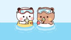 two cartoon bears are sitting on an inflatable floater and one is wearing goggles