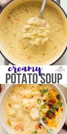 creamy potato soup in a white bowl with a ladle full of it and the title overlay reads, creamy potato soup