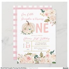 a pink and white pumpkin birthday party card with flowers on the front, gingham check