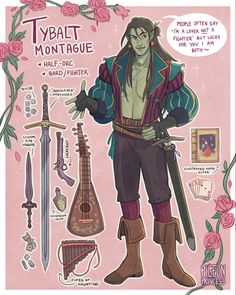 a drawing of a male character holding a guitar, violin and other musical instruments in front of a pink background