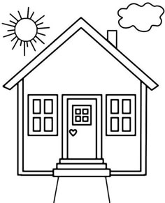 a black and white drawing of a house with the sun in the sky above it