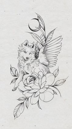 an ink drawing of a bird with wings and flowers on it's back side